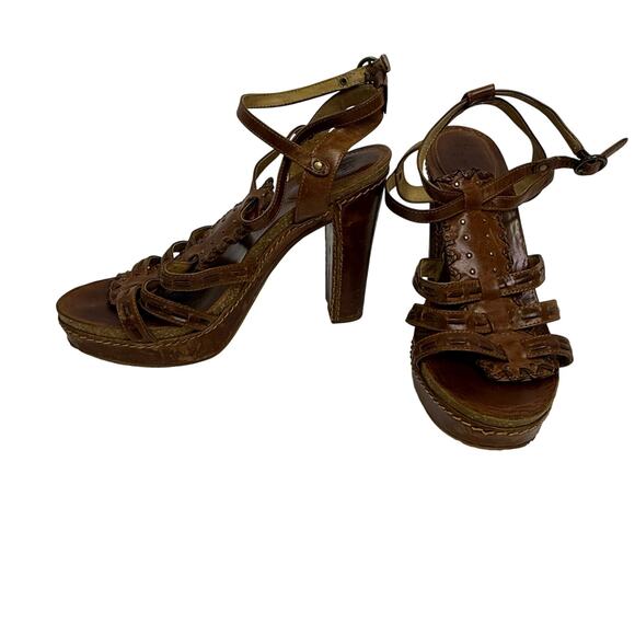 Frye Grace T-Strap Platform Sandals | Size 8M | Brown Leather High Heel - Picture 1 of 11